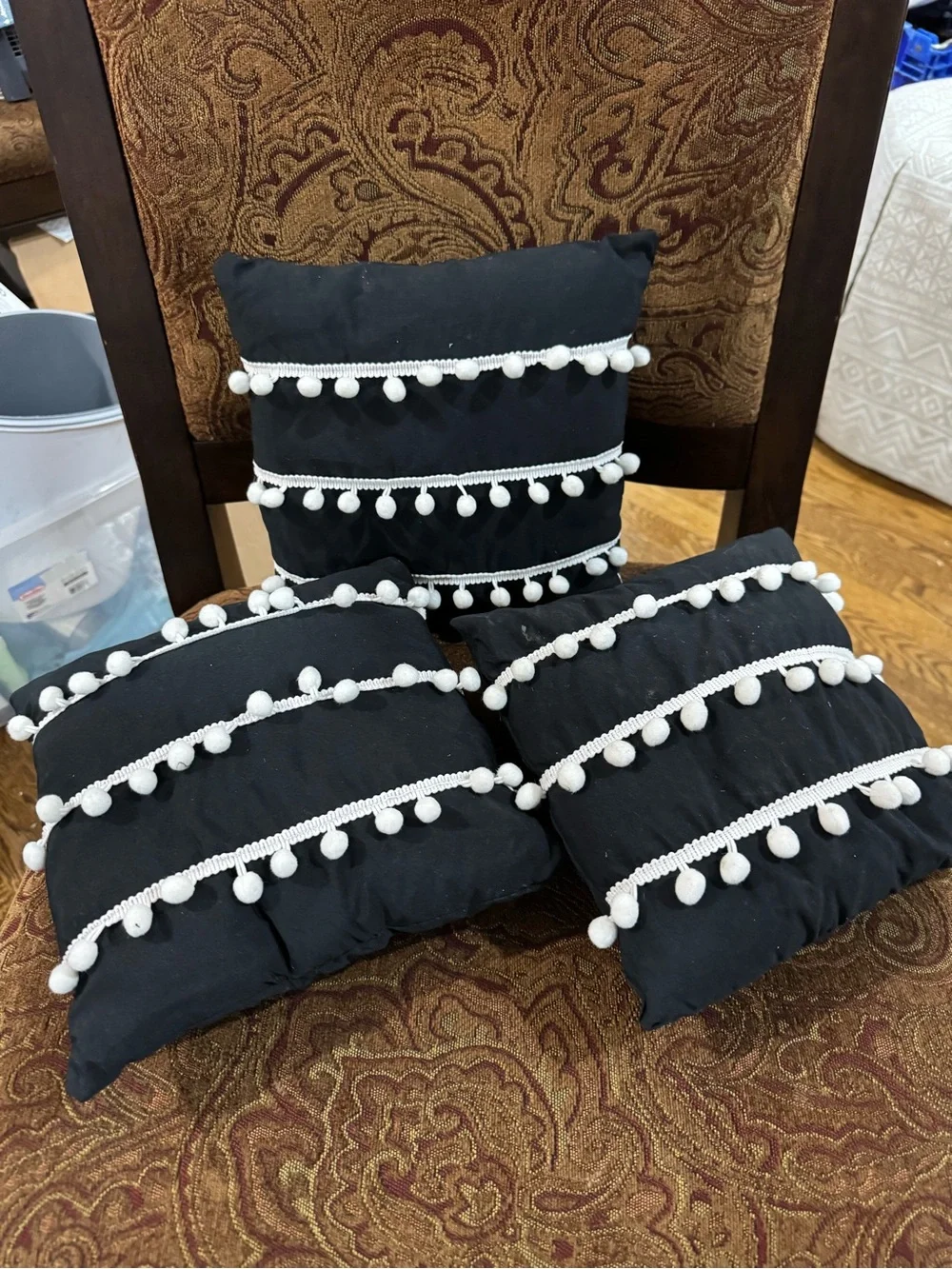 Black Decorative Throw Pillows with White Pom Pom Trim - Set of 3 10x10